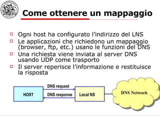 Come ottenere un mappaggio Ogni host ha configurato l’indirizzo del LNS Le applicazioni che richiedono un mappaggio (browser, ftp, etc.) usano le funzioni del DNS Una richiesta viene inviata al server DNS usando UDP come trasporto Il server reperisce l’informazione e restituisce la risposta HOST Local NS DNS request DNS response DNS Network 