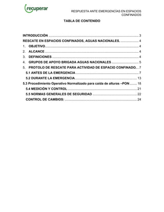 RESPUESTA ANTE EMERGENCÍAS EN ESPACIOS
CONFINADOS
TABLA DE CONTENIDO
INTRODUCCIÓN .................................................................................................... 3
RESCATE EN ESPACIOS CONFINADOS, AGUAS NACIONALES. .................... 4
1. OBJETIVO........................................................................................................ 4
2. ALCANCE ........................................................................................................ 4
3. DEFINICIONES ................................................................................................ 4
4. GRUPOS DE APOYO BRIGADA AGUAS NACIONALES .............................. 5
5. PROTOLO DE RESCATE PARA ACTIVIDAD DE ESPACIO CONFINADO... 7
5.1 ANTES DE LA EMERGENCIA...................................................................... 7
5.2 DURANTE LA EMERGENCIA..................................................................... 13
5.3 Procedimiento Operativo Normalizado para caída de alturas –PON ........ 18
5.4 MEDICIÓN Y CONTROL ............................................................................. 21
5.5 NORMAS GENERALES DE SEGURIDAD ................................................. 22
CONTROL DE CAMBIOS: ................................................................................ 24
 