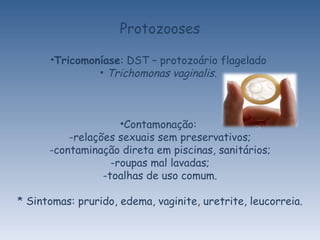 Protozooses Tricomoníase : DST – protozoário flagelado  Trichomonas vaginalis .  Contamonação:  -relações sexuais sem preservativos; -contaminação direta em piscinas, sanitários; -roupas mal lavadas; -toalhas de uso comum. * Sintomas: prurido, edema, vaginite, uretrite, leucorreia. 