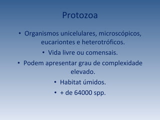 Protozoa Organismos unicelulares, microscópicos, eucariontes e heterotróficos. Vida livre ou comensais. Podem apresentar grau de complexidade elevado. Habitat úmidos. + de 64000 spp. 