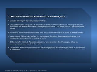 1. Réunion Présidents d’Association de Commerçants : 
 Les ¾ des commerçants ne savent pas ce que fait la CCI. 
 Un autre besoin a été partagé, celui de travailler à une meilleure communication sur les commerçants de centre-ville. 
Comme par exemple l’annuaire des commerçants réalisé par la CCVBA dans le cadre de l'opération Commerce 
en fête. 
 Une solution pour impulser cette dynamique serait la création d’une association à l’échelle de la vallée des Baux. 
 L’association de Châteaurenard souhaite être coorganisateur des actions d’accompagnement, de suivi et de 
formation des commerçants mis en place par la CCI-PA. 
 Globalement, les Présidents d’associations de commerçants rencontrent des difficultés pour fédérer les 
commerçants autour des projets de l’association. 
 Les Présidents d’associations de commerçants ont une image positive de la CCI du Pays d’Arles et de la diversité des 
actions menées. 
6 
Synthèse des Journées Terrain 4 - 5 - 6 - 7 / Coordinatrice : Maria Calabuig 
 