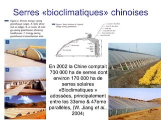 Serres «bioclimatiques» chinoises
En 2002 la Chine comptait
700 000 ha de serres dont
environ 170 000 ha de
serres solaires
«Bioclimatiques »
adossées, principalement
entre les 33eme & 47eme
parallèles, (W. Jiang et al.,
2004) 13
 