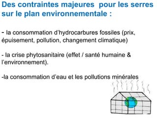 Des contraintes majeures pour les serres
sur le plan environnementale :
- la consommation d’hydrocarbures fossiles (prix,
épuisement, pollution, changement climatique)
- la crise phytosanitaire (effet / santé humaine &
l’environnement).
-la consommation d’eau et les pollutions minérales
 