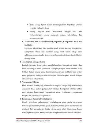 •   Tema yang dipilih harus memungkinkan terjadinya proses
                 berpikir pada diri siswa
             •   Ruang     lingkup     tema     disesuaikan   dengan    usia    dan
                 perkembangan        siswa,    termasuk   minat,   kebutuhan,   dan
                 kemampuannya
       b. Identifikasi dan analisis Standar Kompetensi, Kompetensi dasar dan
          Indikator
          Lakukan identifikasi dan analisis untuk setiap Standar Kompetensi,
          Kompetensi Dasar dan indikator yang cocok untuk setiap tema
          sehingga semua standar kompetensi, kompetensi dasar dan indikator
          terbagi habis.
    2. Menetapkan Jaringan Tema
       Buatlah jaringan tema yaitu menghubungkan kompetensi dasar dan
       indikator dengan tema pemersatu. Dengan jaringan tema tersebut akan
       terlihat kaitan antara tema, kompetensi dasar dan indikator dari setiap
       mata pelajaran. Jaringan tema ini dapat dikembangkan sesuai dengan
       alokasi waktu setiap tema.
    3. Penyusunan Silabus
       Hasil seluruh proses yang telah dilakukan pada tahap-tahap sebelumnya
       dijadikan dasar dalam penyusunan silabus. Komponen silabus terdiri
       dari standar kompetensi, kompetensi dasar, indikator, pengalaman
       belajar, alat/sumber, dan penilaian.
    4. Penyusunan Rencana Pembelajaran
       Untuk keperluan pelaksanaan pembelajaran guru perlu menyusun
       rencana pelaksanaan pembelajaran. Rencana pembelajaran ini merupakan
       realisasi dari pengalaman belajar siswa yang telah ditetapkan dalam
       silabus pembelajaran. Komponen rencana pembelajaran tematik meliputi:



Model Pembelajaran PAIKEM – Pengawas Sekolah                                    132
 