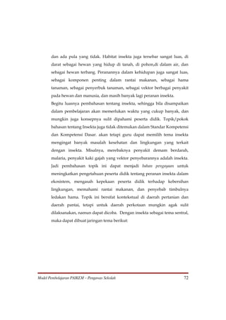 dan ada pula yang tidak. Habitat insekta juga tersebar sangat luas, di
       darat sebagai hewan yang hidup di tanah, di pohon,di dalam air, dan
       sebagai hewan terbang. Peranannya dalam kehidupan juga sangat luas,
       sebagai komponen penting dalam rantai makanan, sebagai hama
       tanaman, sebagai penyerbuk tanaman, sebagai vektor berbagai penyakit
       pada hewan dan manusia, dan masih banyak lagi peranan insekta.
       Begitu luasnya pembahasan tentang insekta, sehingga bila disampaikan
       dalam pembelajaran akan memerlukan waktu yang cukup banyak, dan
       mungkin juga konsepnya sulit dipahami peserta didik. Topik/pokok
       bahasan tentang Insekta juga tidak ditemukan dalam Standar Kompetensi
       dan Kompetensi Dasar. akan tetapi guru dapat memilih tema insekta
       mengingat banyak masalah kesehatan dan lingkungan yang terkait
       dengan insekta. Misalnya, merebaknya penyakit demam berdarah,
       malaria, penyakit kaki gajah yang vektor penyebarannya adalah insekta.
       Jadi pembahasan topik ini dapat menjadi bahan pengayaan untuk
       meningkatkan pengetahuan peserta didik tentang peranan insekta dalam
       ekosistem, mengasah kepekaan peserta didik terhadap kebersihan
       lingkungan, memahami rantai makanan, dan penyebab timbulnya
       ledakan hama. Topik ini bersifat kontekstual di daerah pertanian dan
       daerah pantai, tetapi untuk daerah perkotaan mungkin agak sulit
       dilaksanakan, namun dapat dicoba. Dengan insekta sebagai tema sentral,
       maka dapat dibuat jaringan tema berikut:




Model Pembelajaran PAIKEM – Pengawas Sekolah                              72
 