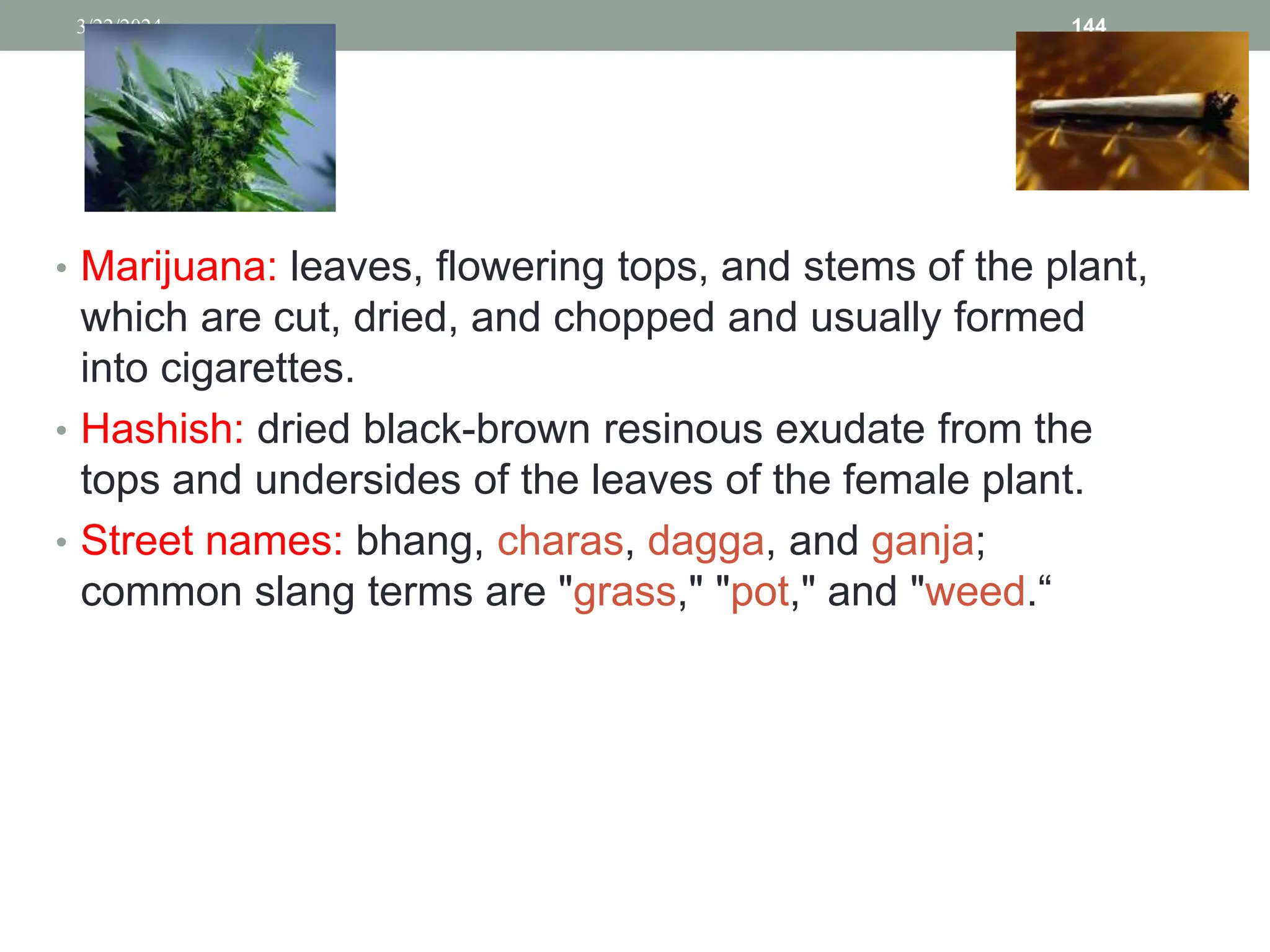• Marijuana: leaves, flowering tops, and stems of the plant,
which are cut, dried, and chopped and usually formed
into cigarettes.
• Hashish: dried black-brown resinous exudate from the
tops and undersides of the leaves of the female plant.
• Street names: bhang, charas, dagga, and ganja;
common slang terms are "grass," "pot," and "weed.“
3/22/2024 144
 