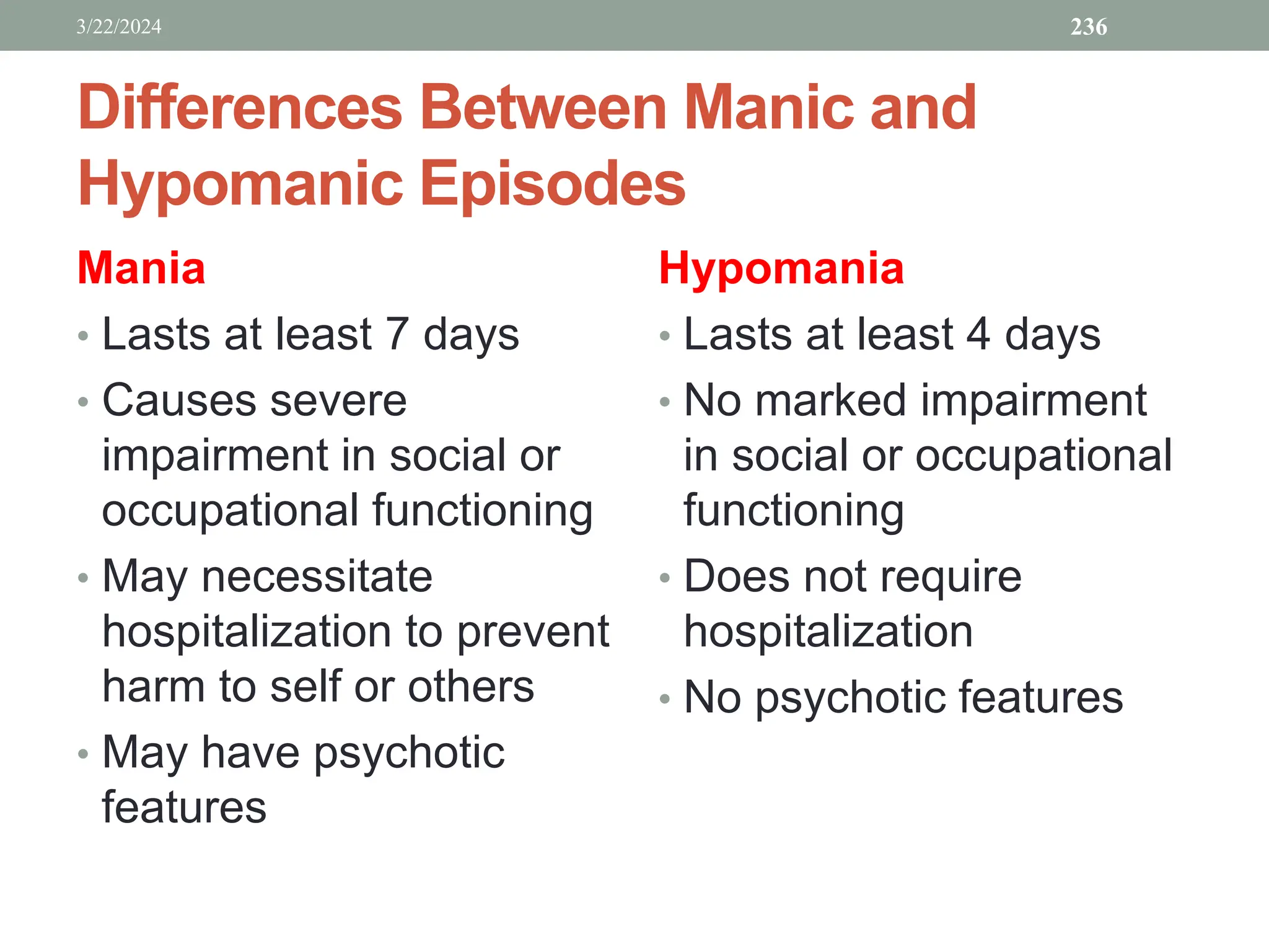Differences Between Manic and
Hypomanic Episodes
Mania
• Lasts at least 7 days
• Causes severe
impairment in social or
occupational functioning
• May necessitate
hospitalization to prevent
harm to self or others
• May have psychotic
features
Hypomania
• Lasts at least 4 days
• No marked impairment
in social or occupational
functioning
• Does not require
hospitalization
• No psychotic features
3/22/2024 236
 