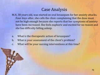 Case Analysis
M.H, 38 years old, was started on oral lorazepam for her anxiety attacks.
  Four days after, she calls the clinic complaining that the dose must
  not be high enough because she reports that her symptoms of anxiety
  have been increased. She feels euphoric and excited for no reason and
  she has difficulty falling asleep.

a.   What is the therapeutic action of lorazepam?
b.   What is your assessment of the client’s problem?
c.   What will be your nursing interventions at this time?




                                                                   79
 