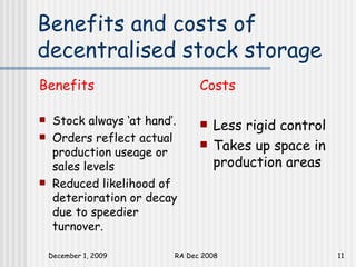 Benefits and costs of decentralised stock storage Benefits Stock always ‘at hand’. Orders reflect actual production useage or sales levels Reduced likelihood of deterioration or decay due to speedier turnover.  Costs Less rigid control Takes up space in production areas 
