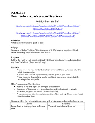 P.FM.03.35
Describe how a push or a pull is a force

                            Activity: Push and Pull

     http://www.cape.k12.mo.us/blanchard/hicks/News%20Pages/Force%20pdf
                       %20files/Push%20and%20Pull.pdf

     http://www.cape.k12.mo.us/blanchard/hicks/News%20Pages/Force%20pdf
           %20files/Push%20and%20Pull%20Written%20Assessment.pdf

Question
What happens when you push or pull?

Engage
Students will play Talking Chips in groups of 5.  Each group member will talk 
about what they know about force and motion. 

Explore
Follow the Push or Pull post­it note activity (from website above) and completing 
the Push/Pull chart. (See Attached page)

Explain
     *Have students stand with their chair in front of them.  Ask them why the 
       chair is not moving.
     *Discuss how to start objects moving with a push or pull force.
     *Have students discuss how people machines, magnets or nature (wind, 
       water) pushes and pulls

MEAP Assessment Clarifications
  • Force is a push or a pull on an object or substance.
  • Examples of forces are gravity and pushes and pulls caused by people, 
    machines, magnets, or nature (wind and water).
  • A push moves an object away from another object and a pull moves an object 
    toward another object.

Students fill in the claims/evidence page with sticky notes and outside observations
                  Claims                                     Evidence
I used force to push my chair under my      The chair moved away from me
desk
 