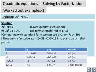 Quadratic equationsSolving by FactorizationSolving quadratic equations by factorizationThis is a trail and error method (that means it is not systematic). It is suitable when the coefficients a, b and c are small & simple, and can be easily factorized by hand.The factorization is done as follows: Factorize  a.c into p and q such that b = p+qThen, the quadratic expression can be easily factorized.Examples will make the concept clear