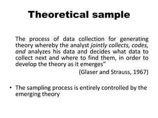 Theoretical sample

  The process of data collection for generating
  theory whereby the analyst jointly collects, codes,
  and analyzes his data and decides what data to
  collect next and where to find them, in order to
  develop the theory as it emerges”
                          (Glaser and Strauss, 1967)

• The sampling process is entirely controlled by the
  emerging theory
 