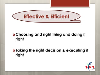 Choosing and right thing and doing it right 
Taking the right decision & executing it right 
Effective & Efficient  