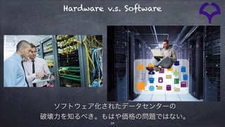 10
ソフトウェア化されたデータセンターの
破壊力を知るべき。もはや価格の問題ではない。
Hardware v.s. Software
 