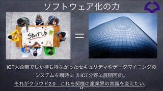 13
=
ICT大企業でしか持ち得なかったセキュリティやデータマイニングの
システムを瞬時に 非ICT分野に展開可能。
それがクラウド2.0 これを契機に産業界の常識を変えたい．
ソフトウェア化の力
 