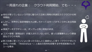 39
他社が使っているという不安に駆られて⽇本⼈特有の同調圧⼒でクラウドの利
⽤開始．
しかし，世界中に秘密情報を⼤公開しちゃってるサーバがそこら中にある地獄
絵図．
実装アーキテクチャーは，オンプレと同じ昭和のまま．
コスト管理（管理会計）が導⼊されていないので，使った部署勝ちという野放
図なクラウド利⽤．
新⼊社員に使っていいよと⾔ったらほんとに遠慮なしに使う『クラウドゆとり
世代』の台頭．「RAIDはなぁー」と過去の苦労を⾃慢する中年技術者のレガ
シーな嘆き．
⼀周遅れの企業： クラウド利⽤開始、でも・・・
 