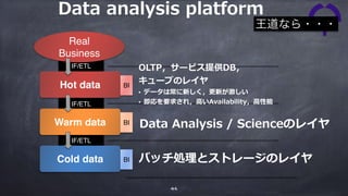 IF/ETL
IF/ETL
IF/ETL
Hot data
Warm data
Cold data
BI
BI
BI
Real
Business
バッチ処理とストレージのレイヤ
Data Analysis / Scienceのレイヤ
OLTP，サービス提供DB，
キューブのレイヤ
• データは常に新しく，更新が激しい
• 即応を要求され，⾼いAvailability，⾼性能
王道なら・・・
46
Data analysis platform
 