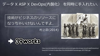 データ X ASP X DevOps(内製化） を同時に⼿⼊れたい．
https://yooniqimages.blob.core.windows.net/yooniqimages-data-storage-resizedimageﬁlerepository/
Detail/20777/41b2413f-a0e6-496a-97fa-0334c5b38499/YooniqImages_207779841.jpg
技術がビジネスのリソースに
なっちゃいけないんですよ．
村上⾂(2014)
62
 