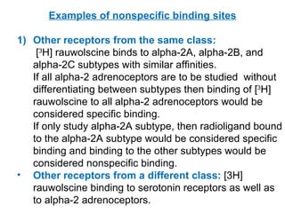 Examples of nonspecific binding sites

1) Other receptors from the same class:
    [3H] rauwolscine binds to alpha-2A, alpha-2B, and
   alpha-2C subtypes with similar affinities.
   If all alpha-2 adrenoceptors are to be studied without
   differentiating between subtypes then binding of [3H]
   rauwolscine to all alpha-2 adrenoceptors would be
   considered specific binding.
   If only study alpha-2A subtype, then radioligand bound
   to the alpha-2A subtype would be considered specific
   binding and binding to the other subtypes would be
   considered nonspecific binding.
• Other receptors from a different class: [3H]
   rauwolscine binding to serotonin receptors as well as
   to alpha-2 adrenoceptors.
 