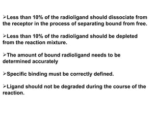 Less than 10% of the radioligand should dissociate from
the receptor in the process of separating bound from free.

Less than 10% of the radioligand should be depleted
from the reaction mixture.

The amount of bound radioligand needs to be
determined accurately

Specific binding must be correctly defined.

Ligand should not be degraded during the course of the
reaction.
 