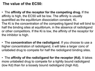 The value of the EC50:

• The affinity of the receptor for the competing drug. If the
affinity is high, the EC50 will be low. The affinity is usually
quantified as the equilibrium dissociation constant, Ki.
The Ki is the concentration of the competing ligand that will bind to
half the binding sites at equilibrium, in the absence of radioligand
or other competitors. If the Ki is low, the affinity of the receptor for
the inhibitor is high.

• The concentration of the radioligand. If you choose to use a
higher concentration of radioligand, it will take a larger conc of
unlabeled drug to compete for half the radioligand binding sites.

• The affinity of the radioligand for the receptor (Kd). It takes
more unlabeled drug to compete for a tightly bound radioligand
(low Kd) than for a loosely bound radioligand (high Kd).
 