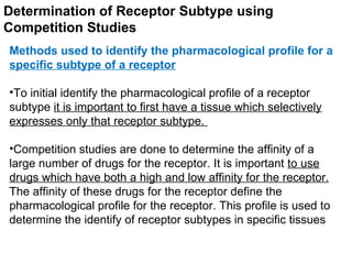 Determination of Receptor Subtype using
Competition Studies
Methods used to identify the pharmacological profile for a
specific subtype of a receptor

•To initial identify the pharmacological profile of a receptor
subtype it is important to first have a tissue which selectively
expresses only that receptor subtype.

•Competition studies are done to determine the affinity of a
large number of drugs for the receptor. It is important to use
drugs which have both a high and low affinity for the receptor.
The affinity of these drugs for the receptor define the
pharmacological profile for the receptor. This profile is used to
determine the identify of receptor subtypes in specific tissues
 