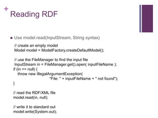 +

Reading RDF


Use model.read(InputStream, String syntax)
// create an empty model
Model model = ModelFactory.createDefaultModel();
// use the FileManager to find the input file
InputStream in = FileManager.get().open( inputFileName );
if (in == null) {
throw new IllegalArgumentException(
"File: " + inputFileName + " not found");
}
// read the RDF/XML file
model.read(in, null);
// write it to standard out
model.write(System.out);

 