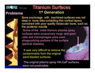 Problems



       •  ome of the initial titanium plasma spray
        S
       surfaces were excessively rough and giant
       cells and macrophages were seen
       phagocytizing portions of the surface
       (particle disease).

       • t was very difficult to remove the
        I
       contaminants from the original
       sand blasted surfaces.
       •  he original plasma spray HA-CaP surfaces
        T
       were not predictable
 