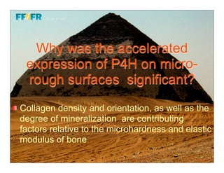 Why was the accelerated
 expression of P4H on micro-
 rough surfaces significant?

Collagen density and orientation, as well as the
degree of mineralization are contributing
factors relative to the microhardness and elastic
modulus of bone
 