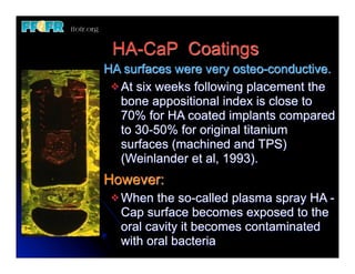 HA-CaP Coatings
HA surfaces were very osteo-conductive.
 v At six weeks following placement the
    bone appositional index is close to
    70% for HA coated implants compared
    to 30-50% for original titanium
    surfaces (machined and TPS)
    (Weinlander et al, 1993).
However:
 v When the so-called plasma spray HA -
  Cap surface becomes exposed to the
  oral cavity it becomes contaminated
  with oral bacteria
 