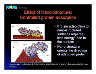 Effect of Nano-Structure:
               Controlled protein adsorption
                                                                   v Protein adsorption to
                                                                      nano-structured
                                                                      surfaces requires
                                                                      less energy than to
                                                                      flat surface
                                                                   v Nano-structure
                                                                      orients the direction
                                                                      of adsorbed protein

Sabirianov	
  et	
  al,	
  Enhanced	
  iniJal	
  protein	
  adsorpJon	
  on	
  engineered	
  nanostructured	
  cubic	
  
zirconia	
  
 