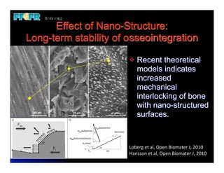 Effect of Nano-Structure:
Long-term stability of osseointegration

                       v   Recent theoretical
                            models indicates
                            increased
                            mechanical
                            interlocking of bone
                            with nano-structured
                            surfaces.



                       Loberg	
  et	
  al,	
  Open	
  Biomater	
  J,	
  2010
                       Hansson	
  et	
  al,	
  Open	
  Biomater	
  J,	
  2010
 