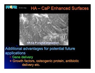 HA – CaP Enhanced Surfaces




              HA-Ca P crystal deposition

Additional advantages for potential future
applications
  v Gene delivery
  v Growth factors, osteogenic protein, antibiotic
  	
      delivery etc.
 