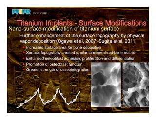 Titanium Implants - Surface Modifications
Nano-surface modification of titanium surface
    Further enhancement of the surface topography by physical
    vapor deposition (Ogawa et al, 2007; Sugita et al, 2011)
     l   Increased surface area for bone deposition
     l   Surface topography created similar to mineralized bone matrix
     l   Enhanced osteoblast adhesion, proliferation and differentiation
     l   Promotion of osteoblast function
     l   Greater strength of osseointegration
 