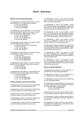 Recta – Exercícios


Rectas com marcação de pontos                           12. Representar a recta s, que contém os pontos
                                                        A(4;-1;5) e B(-2;-4;-2). Determinar os pontos notá-
1. Representar a recta fronto-horizontal h, que con-    veis e o percurso dessa recta.
tém o ponto P(1;3;-1). Nela marcar os pontos:
       A, com 2cm de abcissa                            13. Representar a recta b, que contém o ponto
       B, com 4cm de abcissa                            R(-2;2;3), fazendo as suas projecções frontal e hori-
       C, com -3cm de abcissa                           zontal 40ºad e 40ºae, respectivamente. Determinar
                                                        os pontos notáveis e o percurso dessa recta.
2. Representar a recta horizontal n, com 2cm de
cota, fazendo 40ºad, sendo o seu traço o ponto F        14. Representar a recta m, que contém o ponto
com 2cm de abcissa. Nela marcar os pontos:              M(2;-1,5;-3), fazendo as suas projecções frontal e
       D, com 4cm de afastamento                        horizontal 55ºad e 20ºae, respectivamente. Determi-
       E, com -1cm de abcissa                           nar os pontos notáveis e o percurso dessa recta.
       G, com -1cm de afastamento
       I, com 6cm de abcissa                            15. Representar a recta c, que contém o ponto
                                                        C(3;2;4) e é passante no ponto P com -2cm de
3. Representar a recta frontal f, que contém o ponto    abcissa. Determinar o percurso dessa recta.
R(4;-3;6). Nela marcar os pontos:
       H, traço da recta, com -3cm de abcissa           16. Representar a recta e, passante no ponto R com
       K, com 4cm de cota                               3cm de abcissa, fazendo as suas projecções frontal
       L, com -2cm de abcissa                           e horizontal 55ºad e 25ºae, respectivamente. Deter-
       M, com -4cm de cota                              minar o percurso dessa recta.

4. Representar a recta de topo t, com 3cm de cota e     17. Representar a recta r, que contém o ponto
4cm de abcissa. Nela marcar os pontos:                  P(1;2;3) e é paralela ao β2/4, fazendo a sua projec-
       F, traço da recta                                ções frontal 35ºad. Determinar os pontos notáveis e
       N, com 2cm de afastamento                        o percurso dessa recta.
       O, com -5cm de afastamento
       P, com -3cm de afastamento                       18. Representar a recta s, que contém o ponto
                                                        S(-4;1;5), fazendo a suas projecções frontal e hori-
5. Representar a recta vertical v, com -2cm de afas-    zontal ambas 30ºad. Determinar os pontos notáveis
tamento e 3cm de abcissa. Nela marcar os pontos:        e o percurso dessa recta.
       H, traço horizontal
       Q, com 4cm de cota                               Recta em tripla projecção
       R, com -3cm de cota
                                                        19. Representar as rectas h e n dos exercícios 1 e
6. Representar a recta oblíqua r, cujos traços são os   2. Determinar as suas projecções laterais.
pontos H(2;2;0) e F(4;0;5). Nela marcar os pontos:
       S, com 4cm de abcissa                            20. Representar as rectas f, t e v dos exercícios 3, 4
       T, com 2cm de cota                               e 5. Determinar as suas projecções laterais.
       U, com 1cm de afastamento
       V, com -1cm de afastamento                       21. Representar a recta r do exercício 6. Determinar
                                                        as suas projecções laterais.
Pontos notáveis e percurso de rectas
                                                        22. Representar a recta de perfil p, cujos traços são
7. Representar a recta n do exercício 2. Determinar     os pontos H(3;2;0) e F(3;0;5). Determinar, recorren-
os pontos notáveis e o percurso dessa recta.            do à projecção lateral, os seus pontos:
                                                               X, com -1cm de afastamento
8. Representar a recta f do exercício 3. Determinar            Y, com 2cm de cota
os pontos notáveis e o percurso dessa recta.
                                                        23. Representar a recta do exercício anterior. Deter-
9. Representar a recta t do exercício 4. Determinar     minar os pontos notáveis em falta e o seu percurso.
os pontos notáveis e o percurso dessa recta.
                                                        24. Representar a recta a, definida pelos pontos R
10. Representar a recta v do exercício 5. Determinar    (4;1:3) e S(4;4;1).Determinar os pontos notáveis e o
os pontos notáveis e o percurso dessa recta.            seu percurso.

11. Representar a recta r do exercício 6. Determinar    25. Representar a recta de perfil b, que contém o
os pontos notáveis em falta e o seu percurso.           ponto Z(6;2) e é paralela ao β1/3. Determinar os pon-
                                                        tos notáveis e o seu percurso


Manual de Geometria Descritiva - António Galrinho                                                   Recta - 22
 