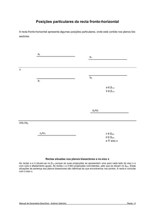 Posições particulares da recta fronto-horizontal

A recta fronto-horizontal apresenta algumas posições particulares, onde está contida nos planos bis-
sectores.




                   a2
                                                                 b1



x


                                                                 b2
                   a1

                                                                                 a є β1/3
                                                                                 b є β1/3




                                                                      d2≡d1



x≡e1≡e2


                     c2≡c1                                                       c є β2/4
                                                                                 d є β2/4
                                                                                 e ≡ eixo x




                           Rectas situadas nos planos bissectores e no eixo x
As rectas a e b situam-se no β1/3 porque as suas projecções se apresentam uma para cada lado do eixo x e
com cota e afastamento iguais. As rectas c e d têm projecções coincidentes, pelo que se situam no β2/4. Estas
situações de pertença aos planos bissectores são idênticas às que encontramos nos pontos. A recta e coincide
com o eixo x.




Manual de Geometria Descritiva - António Galrinho                                                   Recta - 9
 