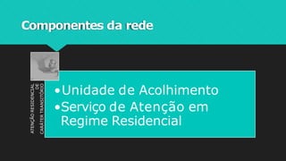 Componentes da rede
ATENÇÃO
RESIDENCIAL
DE
CARÁTER
TRANSITÓRIO
•Unidade de Acolhimento
•Serviço de Atenção em
Regime Residencial
 