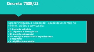 Decreto 7508/11
Para ser instituída, a Região de Saúde deve conter, no
mínimo, ações e serviços de:
• I-Atenção primária
• II-urgência E emergência
• I
I
I- Atenção psicossocial
• IV -Atenção ambulatorial especializada
e hospitalar
• V -Vigilância em saúde.
 