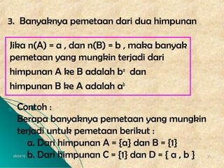 06/04/1506/04/15 2323
3. Banyaknya pemetaan dari dua himpunan
Jika n(A) = a , dan n(B) = b , maka banyak
pemetaan yang mungkin terjadi dari
himpunan A ke B adalah ba
dan
himpunan B ke A adalah ab
Contoh :
Berapa banyaknya pemetaan yang mungkin
terjadi untuk pemetaan berikut :
a. Dari himpunan A = {a} dan B = {1}
b. Dari himpunan C = {1} dan D = { a , b }
 
