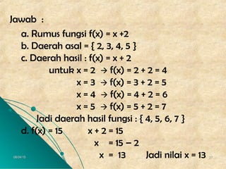 06/04/1506/04/15 2727
a. Rumus fungsi f(x) = x +2
b. Daerah asal = { 2, 3, 4, 5 }
c. Daerah hasil : f(x) = x + 2
untuk x = 2  f(x) = 2 + 2 = 4
x = 3  f(x) = 3 + 2 = 5
x = 4  f(x) = 4 + 2 = 6
x = 5  f(x) = 5 + 2 = 7
Jadi daerah hasil fungsi : { 4, 5, 6, 7 }
d. f(x) = 15 x + 2 = 15
x = 15 – 2
x = 13 Jadi nilai x = 13
Jawab :
 