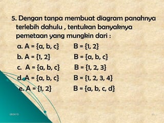 06/04/1506/04/15 4040
5. Dengan tanpa membuat diagram panahnya5. Dengan tanpa membuat diagram panahnya
terlebih dahulu , tentukan banyaknyaterlebih dahulu , tentukan banyaknya
pemetaan yang mungkin dari :pemetaan yang mungkin dari :
a. A = {a, b, c} B = {1, 2}a. A = {a, b, c} B = {1, 2}
b. A = {1, 2} B = {a, b, c}b. A = {1, 2} B = {a, b, c}
c. A = {a, b, c} B = {1, 2, 3}c. A = {a, b, c} B = {1, 2, 3}
d. A = {a, b, c} B = {1, 2, 3, 4}d. A = {a, b, c} B = {1, 2, 3, 4}
e. A = {1, 2} B = {a, b, c, d}e. A = {1, 2} B = {a, b, c, d}
 