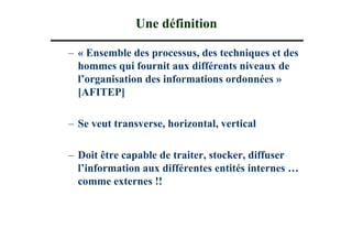 Une définition

– « Ensemble des processus, des techniques et des
  hommes qui fournit aux différents niveaux de
  l’organisation des informations ordonnées »
  [AFITEP]

– Se veut transverse, horizontal, vertical

– Doit être capable de traiter, stocker, diffuser
  l’information aux différentes entités internes …
  comme externes !!
 