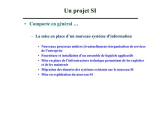 Un projet SI

• Comporte en général …

  – La mise en place d’un nouveau système d’information

     • Nouveaux processus métiers (éventuellement réorganisation de services
       de l’entreprise
     • Fourniture et installation d’un ensemble de logiciels applicatifs
     • Mise en place de l’infrastructure technique permettant de les exploiter
       et de les maintenir
     • Migration des données des systèmes existants sur le nouveau SI
     • Mise en exploitation du nouveau SI
 