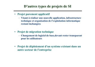 D’autres types de projets de SI

• Projet purement applicatif
   – Visant à réaliser une nouvelle application, infrastructure
     technique et organisation de l’exploitation informatique
     restant inchangées


• Projet de migration technique
   – Changement de logiciel de base,devant rester transparent
     pour les utilisateurs


• Projet de déploiement d’un système existant dans un
  autre secteur de l’entreprise
 