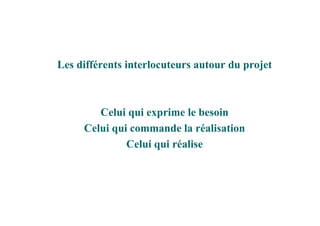 Les différents interlocuteurs autour du projet



        Celui qui exprime le besoin
     Celui qui commande la réalisation
              Celui qui réalise
 