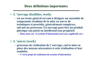 Deux définitions importantes

• L ’ouvrage (facilities, work)
  – est un terme général servant à désigner un ensemble de
    composants résultant de la mise en œuvre de
    techniques et procédés, généralement complexes,
    suivant un processus. Un ouvrage peut être un produit
    physique (un pont) ou intellectuel (un progiciel)
     • Dans notre cas : le système d’information (serveurs, applicatif, etc.)


• L ’œuvre (work)
  – processus de réalisation de l ’ouvrage, cad la mise en
    place des moyens nécessaires à cette réalisation et leur
    conduite.
     • C’est le projet de réalisation du système d’information
 