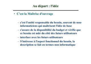 Au départ : l'idée

• C'est la Maîtrise d'ouvrage

  – c'est l'entité responsable du besoin, souvent de non-
    informaticiens qui maîtrisent l'idée de base
  – s'assure de la disponibilité du budget et vérifie que
    ce besoin est mûr du côté des futurs utilisateurs
  – interface avec les futurs utilisateurs
  – S'intéresse à l'aspect fonctionnel du besoin, la
    description se fait en termes non informatique
 
