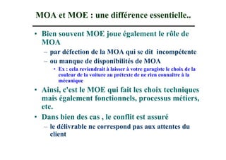 MOA et MOE : une différence essentielle..

• Bien souvent MOE joue également le rôle de
  MOA
  – par défection de la MOA qui se dit incompétente
  – ou manque de disponibilités de MOA
     • Ex : cela reviendrait à laisser à votre garagiste le choix de la
       couleur de la voiture au prétexte de ne rien connaître à la
       mécanique
• Ainsi, c'est le MOE qui fait les choix techniques
  mais également fonctionnels, processus métiers,
  etc.
• Dans bien des cas , le conflit est assuré
  – le délivrable ne correspond pas aux attentes du
    client
 