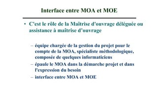 Interface entre MOA et MOE

• C'est le rôle de la Maîtrise d'ouvrage déléguée ou
  assistance à maîtrise d’ouvrage

  – équipe chargée de la gestion du projet pour le
    compte de la MOA, spécialiste méthodologique,
    composée de quelques informaticiens
  – épaule le MOA dans la démarche projet et dans
    l'expression du besoin
  – interface entre MOA et MOE
 