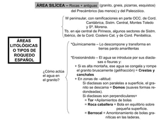 ÁREAS  LITOLÓGICAS  O TIPOS DE ROQUEDO ESPAÑOL ÁREA SILÍCEA –  Rocas + antiguas (granito, gneis, pizarras, esquistos) del Precámbrico (las menos) y del Paleozóico. khfksdh W peninsular, con ramificaciones en parte OCC. de Cord. Cantábrica, Sistm. Central, Montes Toledo y Sª. Morena. Tb. en eje central de Pirineos, algunos sectores de Sistm. Ibérico, de la Cord. Costero Cat. y de Cord. Penibética. ¿Cómo actúa el agua en el granito?  *Químicamente – Lo descompone y transforma en  tierras pardo amarillentas *Erosionándolo – El agua se introduce por sus diacla- sas o fisuras y: + Si es alta montaña, ese agua se congela y rompe el granito bruscamente (gelifracción) =  Crestas y canchales + En zonas de –altitud: Si diaclasas son paralelas a superficie, el gra- nito se descama =  Domos  (suaves formas re- dondeadas). Si diaclasas son perpendiculares= =  Tor  =Apilamientos de bolas  =  Roca caballera  = Bola en equilibrio sobre pequeña superficie. =  Berrocal  = Amontonamiento de bolas gra- níticas en las laderas. (mapa pág. 31) (pág. 32) 